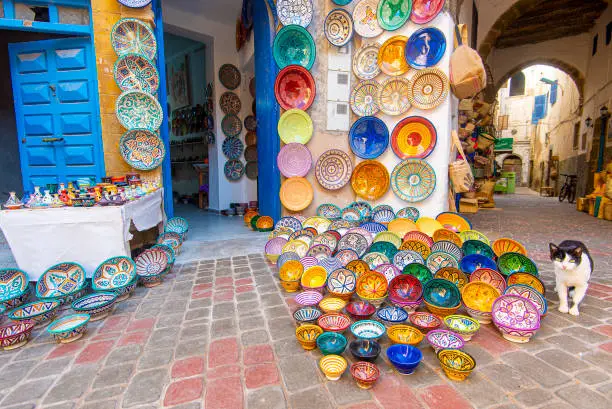 Moroccan souvenirs at medina district of Essaouira in Morocco
