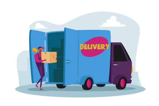 Vector illustration of Courier Character Loading Parcel Box in Truck for Delivery to Clients. Mail, Postage Package Transportation Service