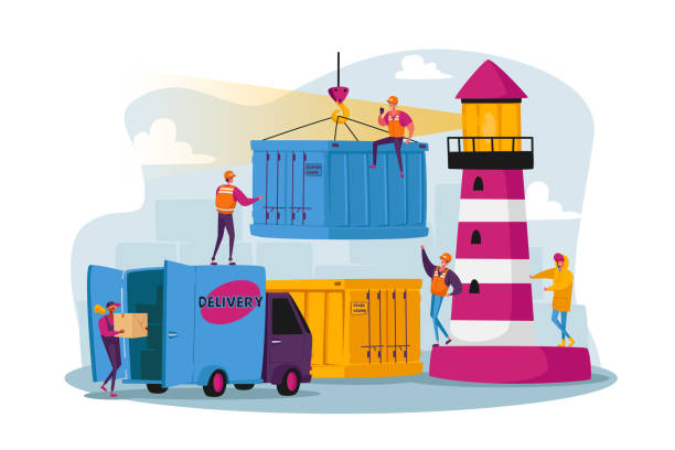ilustrações de stock, clip art, desenhos animados e ícones de characters work in seaport loading cargo, shipping port with harbor crane load containers. workers carry boxes in dock - harbor cargo container commercial dock container