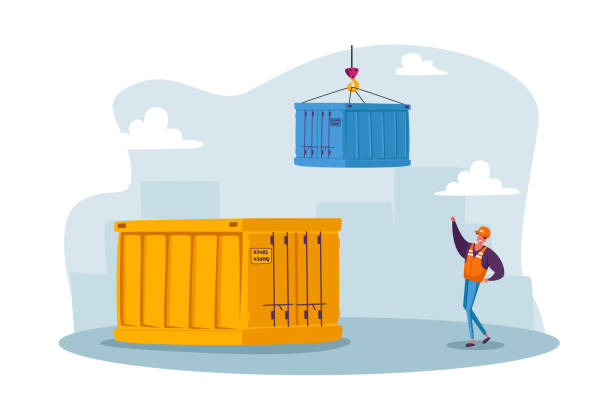 illustrations, cliparts, dessins animés et icônes de ouvrier masculin dans le port maritime. expéditeur de fret travaillant sur le port de terminal à conteneurs. conteneurs de chargement d’ingénieur au port - récipient