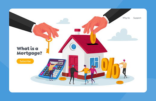 Mortgage and Home Buying Landing Page Template. Tiny Characters at Huge Cottage House with Human Hand put Golden Coin in Slot at Roof, Woman Calculate Payment. Cartoon People Vector Illustration