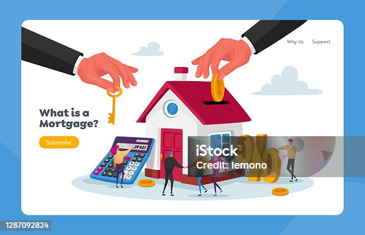 istock Mortgage and Home Buying Landing Page Template. Tiny Characters at Huge House with Human Hand put Coin in Slot at Roof 1287092824