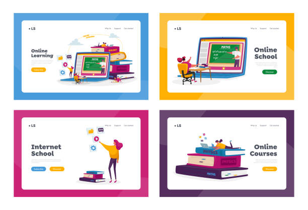 онлайн школьное образование на главную посадку страница шаблонный набор. крошечные студенческие персонажи дистанционного изучения вокру� - home screen illustrations stock illustrations