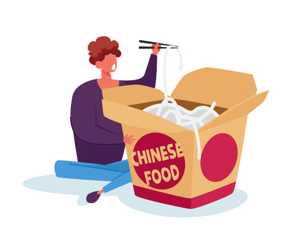 Tiny Man Holding Wooden Chopsticks in Chinese Fast Food Restaurant Sitting near Huge Takeaway Wok Box Eating Noodles Tiny Man Holding Wooden Chopsticks in Chinese Fast Food Restaurant Sitting near Huge Takeaway Wok Box Eating Noodles. Asian Traditional Fastfood Nutrition, Lunch Meal. Cartoon Vector Illustration large pasta pot stock illustrations