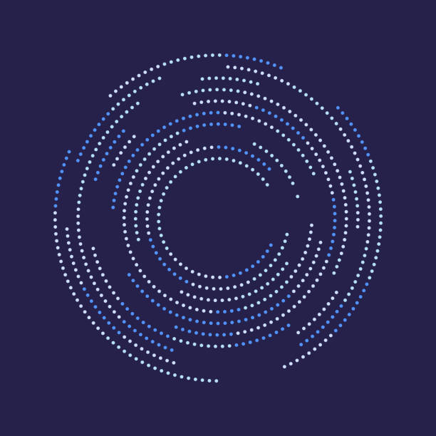Small dots concentric circles obiting copy space. Small squares in spiral shaped matrix. Copy space. concentric stock illustrations