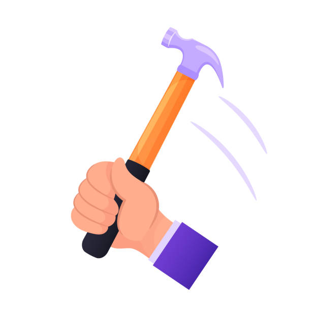 Male Hand Holding Hammer Hitting Nail. Handyman Construction Work, Builder or Carpenter Occupation Workshop, Housework Male Hand Holding Hammer Hitting Nail. Handyman Construction Work, Builder or Carpenter Occupation Workshop, Housework. Man Arm Holding Mallet Isolated on White Background. Cartoon Vector Illustration arm hammer stock illustrations
