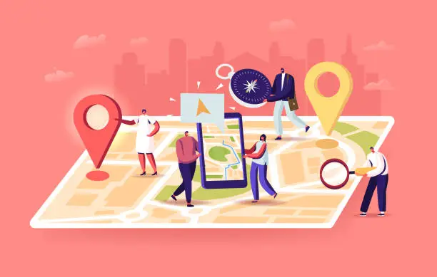 Vector illustration of Tiny Characters at Huge Location Map, People Use Online Application on Smartphone with Geolocation App Pin. Search Route