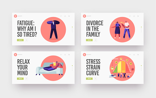 Tiny Characters at Huge Stress Curve with Levels Landing Page Template Set. Inactive, Laid Back, Fatigue, Exhaustion and Anxiety with Panic and Anger Breakdown. Cartoon People Vector Illustration