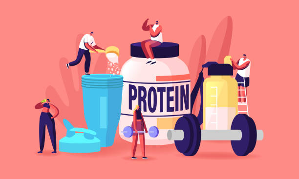 ilustrações de stock, clip art, desenhos animados e ícones de tiny characters drinking protein cocktails from shaker. sportive nutrition, healthy lifestyle. people pumping muscles - body building milk shake protein drink drink