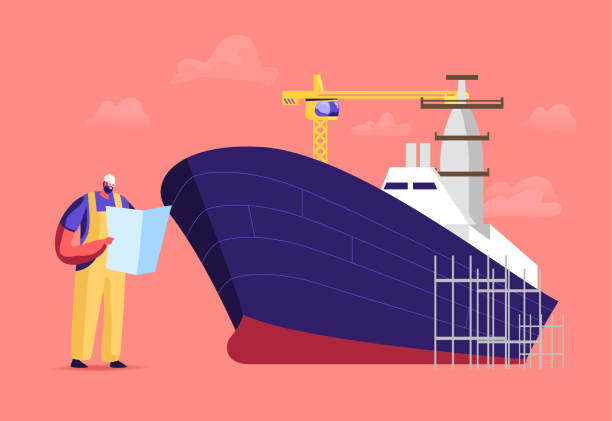 судостроение и обрабатывающая промышленность, судостроение. инженер мужской характер чтение схема для сборки судна - nave stock illustrations
