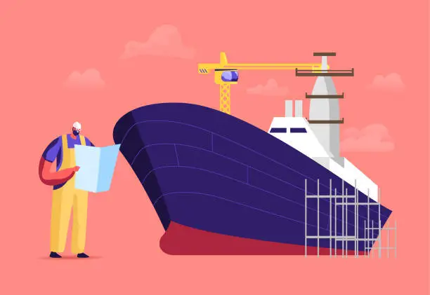Vector illustration of Ship Building and Manufacturing Industry, Shipbuilding. Engineer Male Character Reading Scheme for Assembling Vessel
