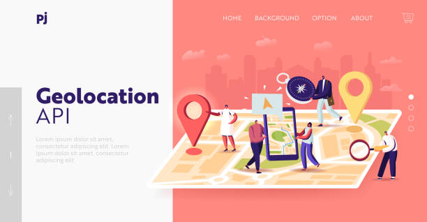 ナビゲーション配置のランディング ページ テンプレート。巨大な地図上の小さな文字、人々はスマートフォン上のオンラインアプリを使用 - people traveling global positioning system travel mobile phone点のイラスト素材／クリップアート素材／マンガ素材／アイコン素材