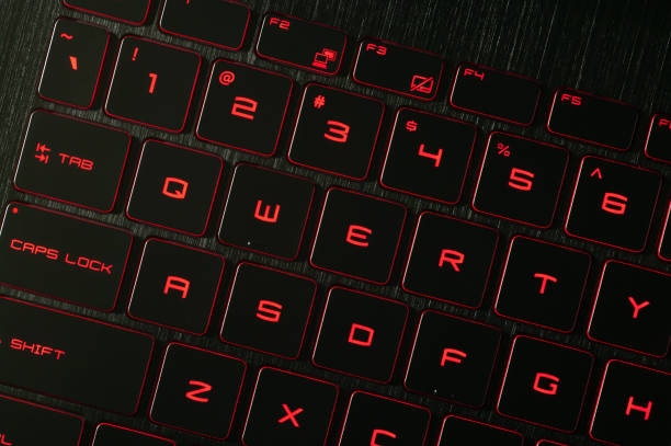 istock QWERTY key. Red backlight, backlit on gaming laptops computer in the dark. Close up. Top view. 1287093793