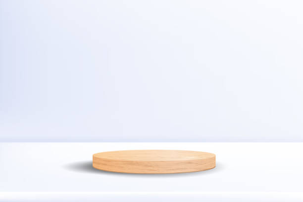 istock Realistic wooden podium on neutral white background. Minimal scene with blank cylinder pedestal for product show. Luxury natural wood platform vector mockup 1287093811