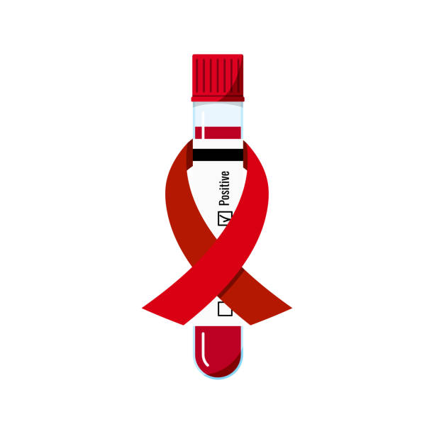 ilustrações de stock, clip art, desenhos animados e ícones de aid red ribbon on blood sample in test tubes - blood sample blood tubing test tube