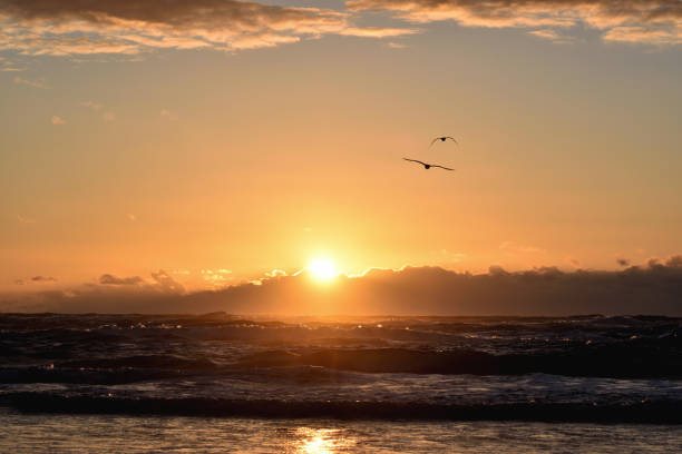 istock Sunset with a strong orange by the sea 1287094255