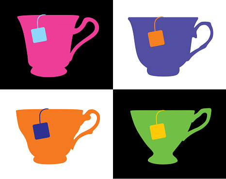 Vector illustration of a set of four colorful tea cups with teabags on a black and white background.