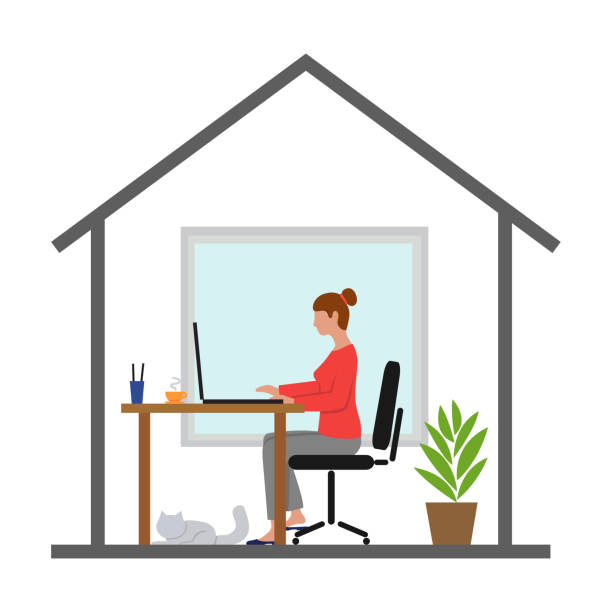 Woman working from home Woman working from home for illness prevention work from home stock illustrations