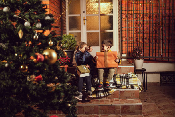 leuke kleine broer en zusterzitting op trap naast kerstboom in voortuin - christmas tree stockfoto's en -beelden