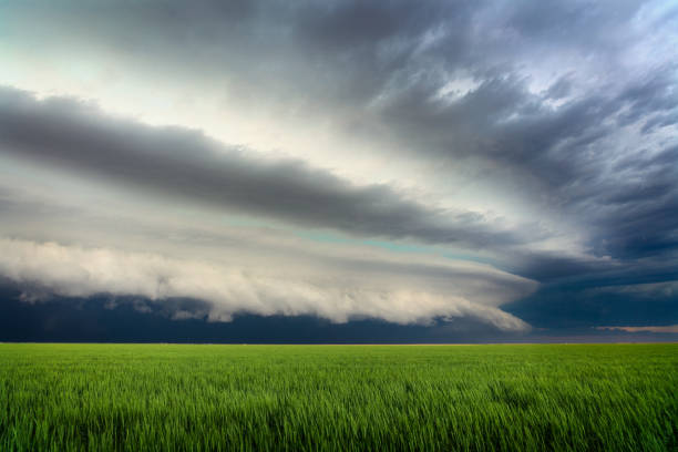 istock Dark storm clouds in the sky over a field 1287096898