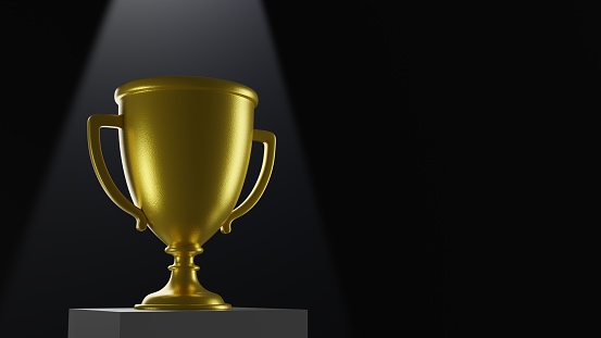 3D Trophy on podium. Empty space with black background 3D rendering