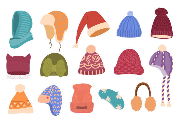 illustrazioni stock, clip art, cartoni animati e icone di tendenza di set di illustrazioni vettoriali a colori disegnate a mano cappelli invernali - knit hat