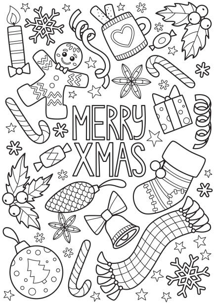 ilustraciones, imágenes clip art, dibujos animados e iconos de stock de doodle libro para colorear página alegre patrón de navidad. anti-tress para adultos - colorear