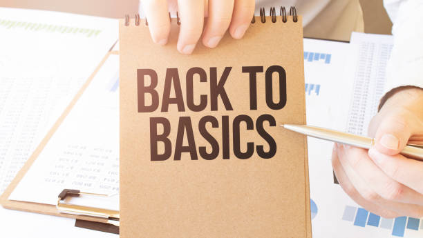 istock Text BACK TO BASICS on brown paper notepad in businessman hands on the table with diagram. Business concept 1287098194