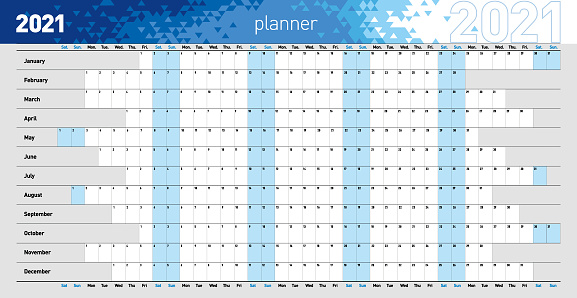 Yearly wall planner for the 2021 year in blue colors. Vector illustration .eps10