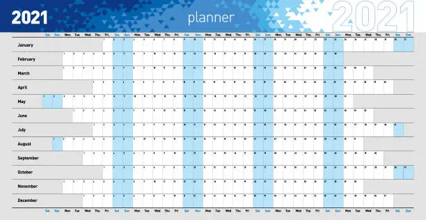 Vector illustration of Yearly wall planner for the 2021 year in blue colors. Vector illustration .eps10