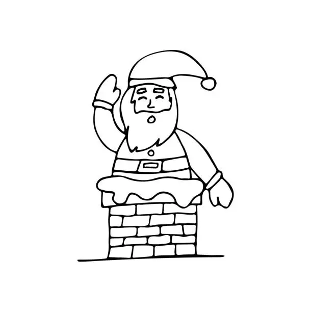 Vector illustration of Doodle illustration of Santa Claus in chimney. Hand drawn illustration of santa claus happily waving from chimney