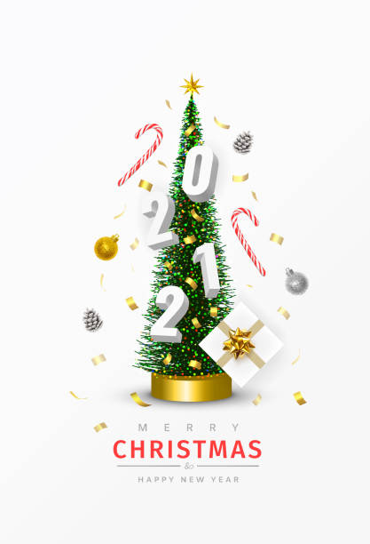 istock Christmas and New Year 2021 poster. Conical Christmas Tree. Pine cones, Sweets, Confetti, Gifts, 2021 numbers, Christmas balls are circling around the Xmas tree. Winter holiday composition 1287100038