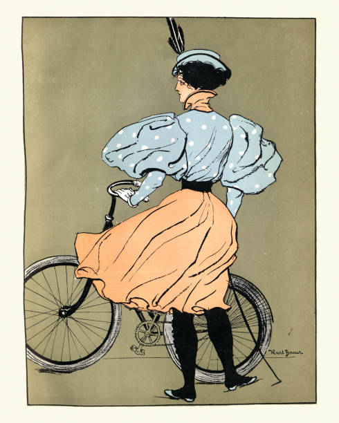 ilustrações de stock, clip art, desenhos animados e ícones de young woman cyclist with bicycle victorian art nouveau jugendstil - women victorian style retro revival art nouveau