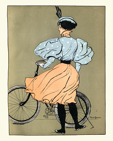 Vintage illustration of Young woman cyclist with bicycle Victorian Art Nouveau Jugendstil. Karl Bauer