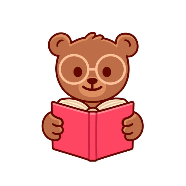 kreskówkowy niedźwiedź czyta książkę - bear teddy bear characters hand drawn stock illustrations