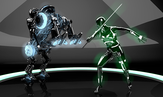 The new dimension of the robotic game world. New generation robotic game characters on black background.