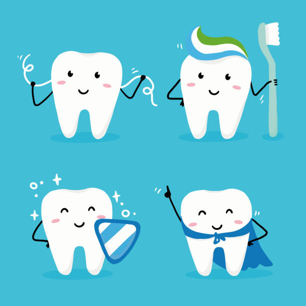 postać w stylu kreskówki zęba. ilustracja koncepcyjna stomatologiczna - tooth character stock illustrations