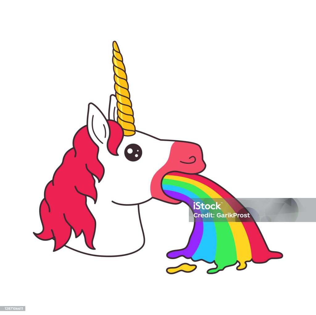 Cute magic fantasy cartoon unicorn head puke rainbow vomit sticker vector isolated Unicorn stock vector