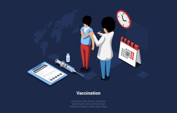 Vaccination Concept Vector Illustration In Cartoon 3D Style. Isometric Composition Of Male Characters. Doctor Injecting Man In Arm. Medical Objects Syringe, Ampoule, Vaccine Calendar Lying Around Vaccination Concept Vector Illustration In Cartoon 3D Style. Isometric Composition Of Male Characters. Doctor Injecting Man In Arm. Medical Objects Syringe, Ampoule, Vaccine Calendar Lying Around. flu shot calendar stock illustrations