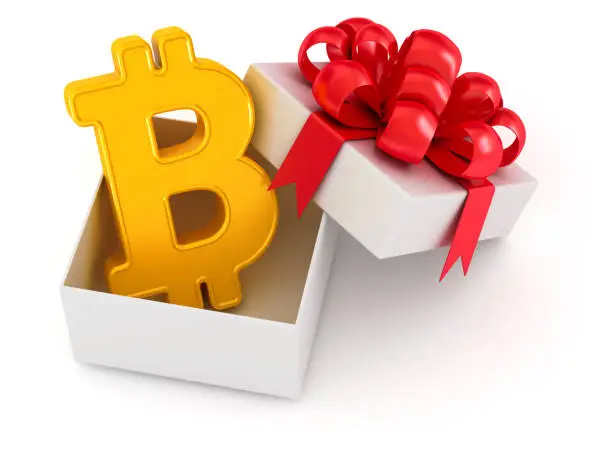 Photo of Bitcoin. Golden digital cryptocurrency sign in the white gift box with red tied bow. The best gift ever. 3d illustration isolated on the white background.