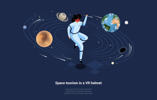 istock Futuristic Space Tourism In VR Helmet Conceptual Isometric Illustration. Vector 3D Composition In Cartoon Style With Writings. Astronaut Character Floating In Vacuum Surrounded With Stars And Planets 1287108822