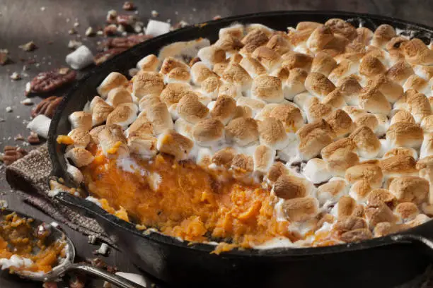 Sweet Potato Casserole with Pecans and Marshmallows