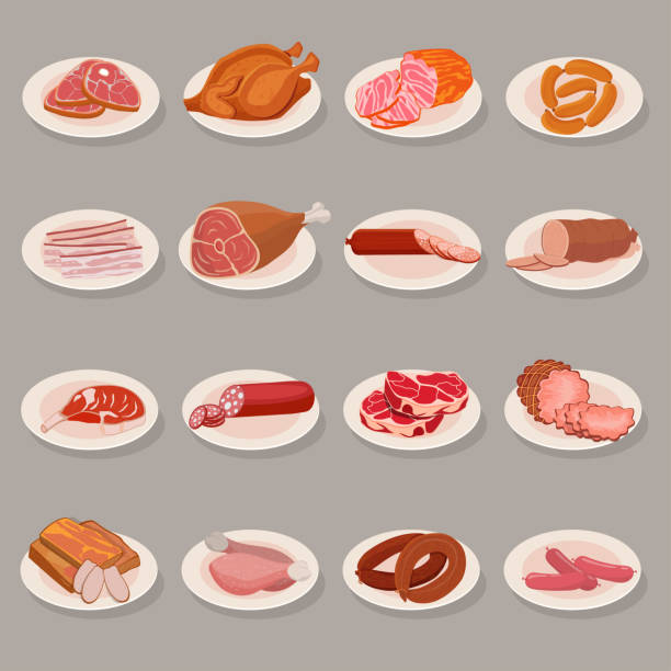 zestaw produktów mięsnych na talerzu. pieczony kurczak i żeberko, kiełbasa, salami i szynka - meat steak sausage salami stock illustrations