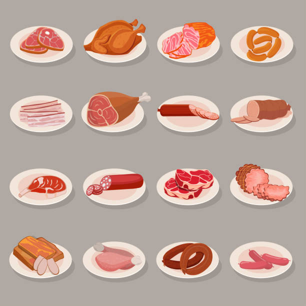 ilustrações de stock, clip art, desenhos animados e ícones de set of meat products on a plate. roast chicken and prime rib, sausage, salami and ham - costeleta comida ilustrações