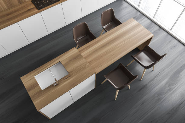 istock White and wooden kitchen with bar, top view 1287109213