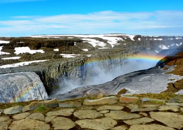 Photo of Beautiful icelandic rainbow over famous waterfall Dettifoss in Iceland. Picturesque vivid landscape. Stunning view on waterfall and snowy mountains. Summer in Iceland. Natural icelandic beauty