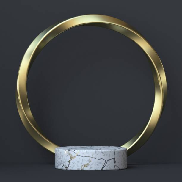 istock Abstract background twisted golden ring and white marble stage 3D 1287111186