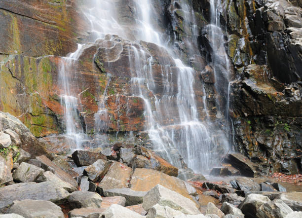 히코리 너트에서 흐르는 물의 오랜 시간 노출 굴뚝 록 주립 공원 노스 캐롤라이나폭포 - spring stream landscape boulder 뉴스 사진 이미지