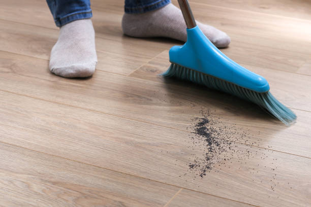 istock The man sweeps the debris into a blue scoop with brush. 1287113183