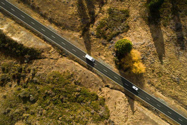 istock Top view of road next to Lake. 1287114105